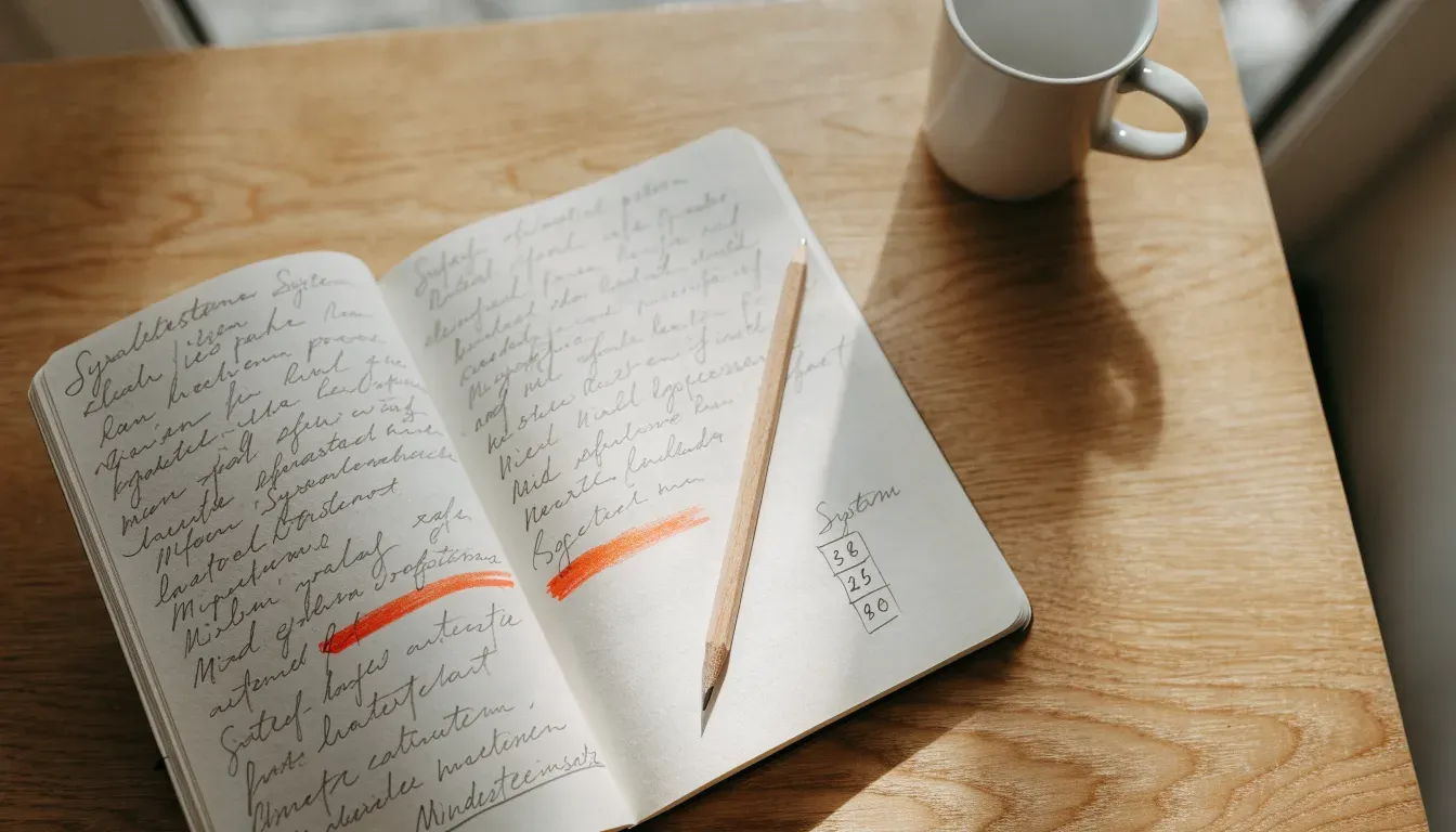 Ein aufgeschlagenes Notizbuch mit handschriftlichen Notizen und einfachen Skizzen liegt neben einem Bleistift auf einem hellen Holztisch.