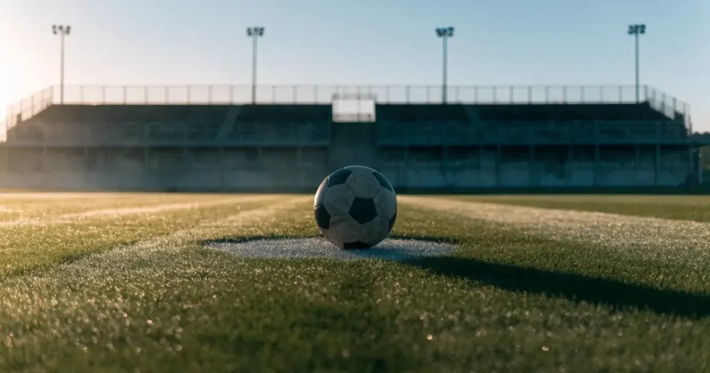 Ein Fußball liegt auf dem Elfmeterpunkt eines leeren Rasenplatzes im Morgenlicht, dahinter eine ruhige Tribüne ohne Zuschauer.