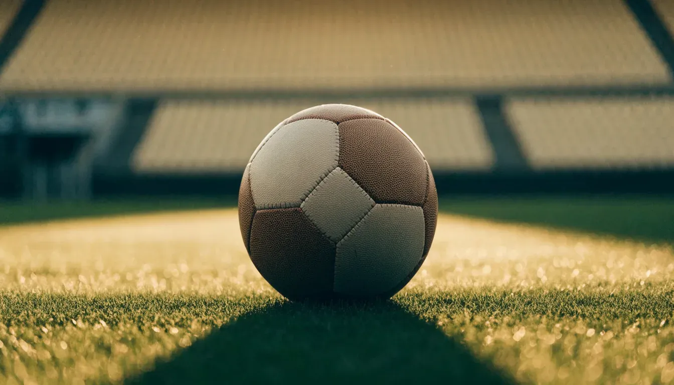 Ein Fußball liegt in der Mitte eines Rasens im Licht der tief stehenden Sonne, dahinter leere Sitzreihen.