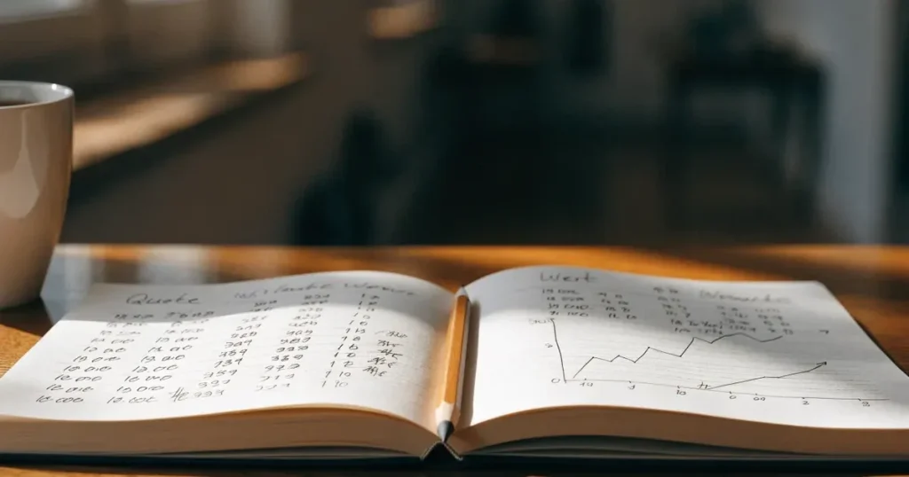 Ein Notizbuch mit handschriftlichen Notizen, einfachen Linien und Zahlenreihen liegt aufgeschlagen neben einem Bleistift auf einem Schreibtisch.