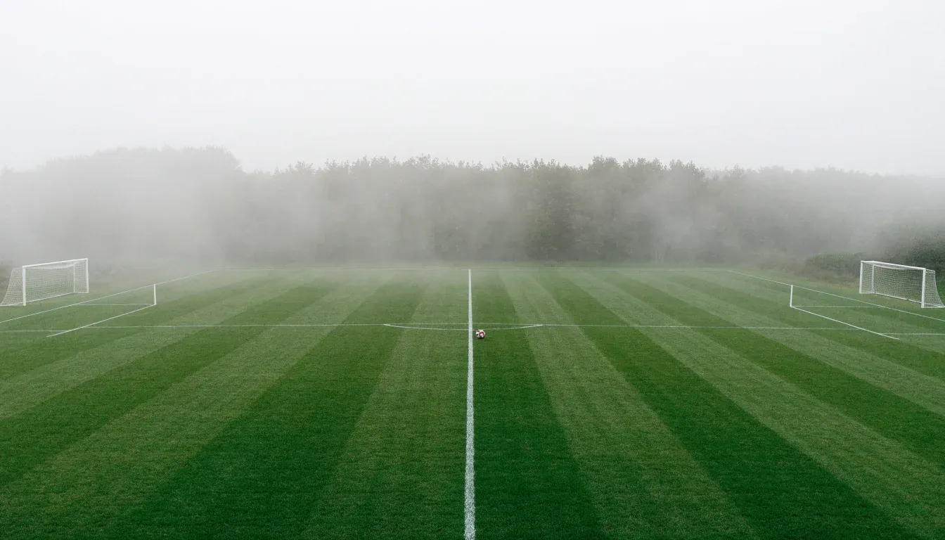 Ein Fußballfeld im Morgennebel aus erhöhter Position gesehen, Mittellinie und Tore sind sichtbar, keine Spieler auf dem Rasen.