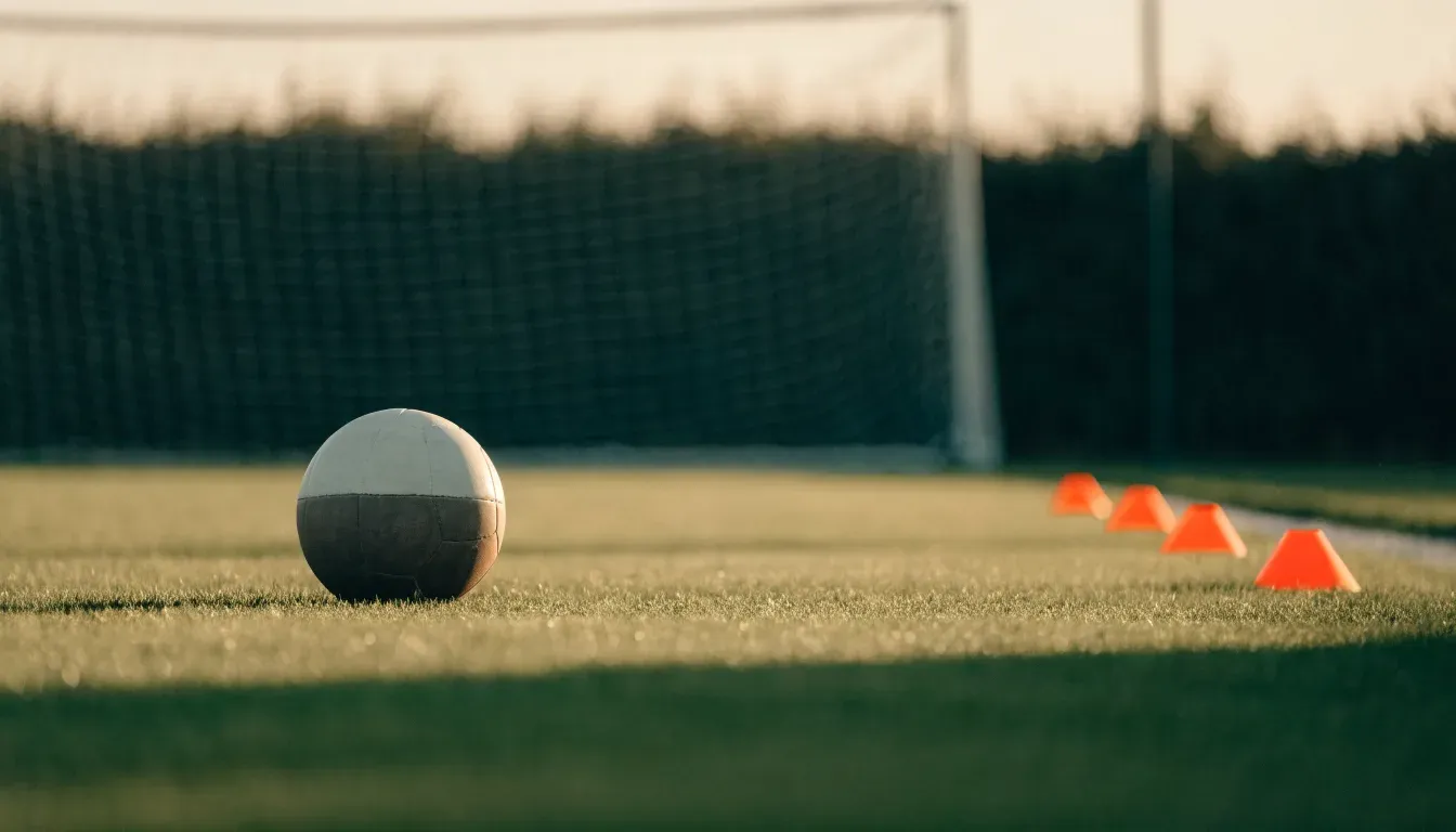 Ein Fußball liegt auf einem Rasenplatz im Abendlicht, am Rand stehen ein paar Hütchen, niemand ist zu sehen.
