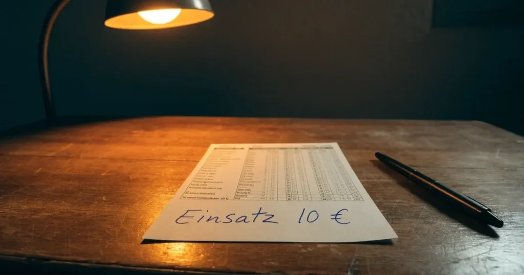 Ein leerer Wettschein aus Papier ohne Aufdruck liegt auf einem Holztisch neben einem Kugelschreiber im Licht einer Schreibtischlampe.