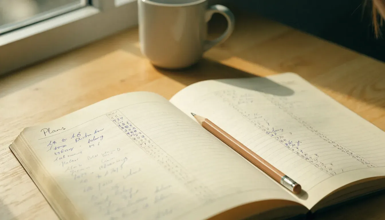 Ein aufgeschlagenes Notizbuch mit handschriftlichen Notizen liegt neben einem Bleistift auf einem hellen Holztisch.
