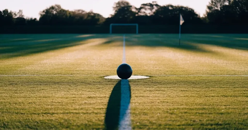 Ein Fußball liegt auf der Mittellinie eines leeren Rasenplatzes, die Kreidelinie verläuft scharf durchs Bild im Morgenlicht.