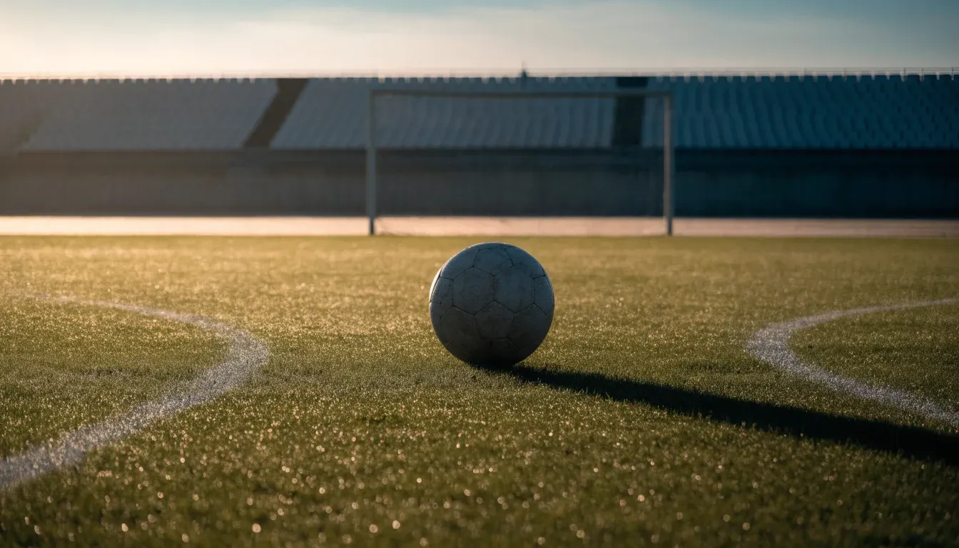 Ein Fußball liegt auf einem Rasenplatz im Morgenlicht, im Hintergrund eine ruhige Tribüne ohne Zuschauer.
