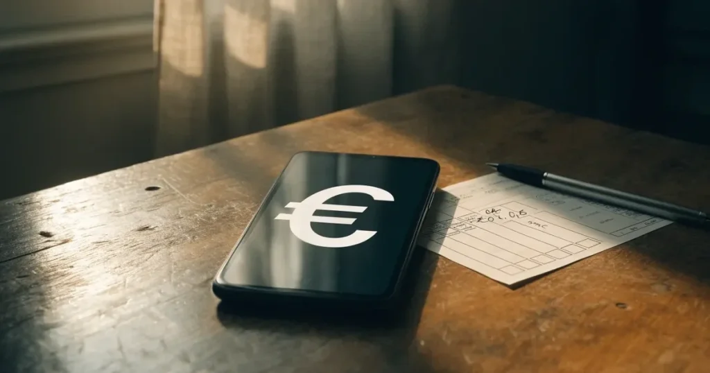 Eine geschlossene Geldbörse aus Leder liegt neben einem Schlüsselbund auf einem Holztisch im Licht eines Fensters.