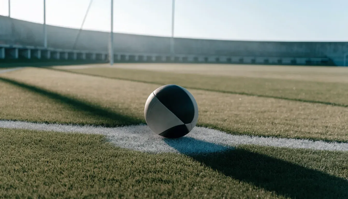 Ein Fußball liegt auf dem Elfmeterpunkt eines leeren Rasenplatzes im Morgenlicht, dahinter eine ruhige Tribüne ohne Zuschauer.