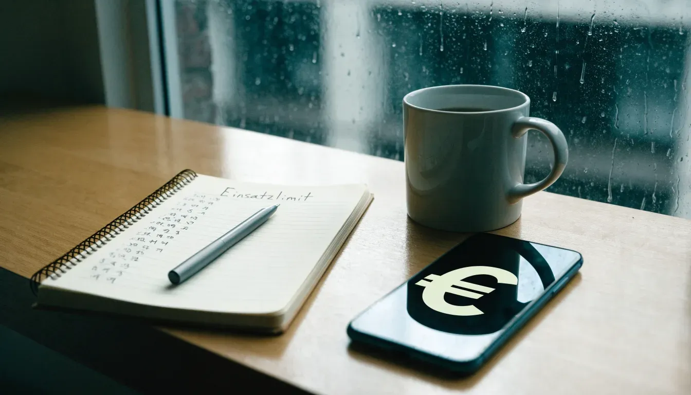Ein Smartphone mit dunklem Display liegt neben einer Kaffeetasse auf einem Holztisch am Fenster, draußen fällt Regen.