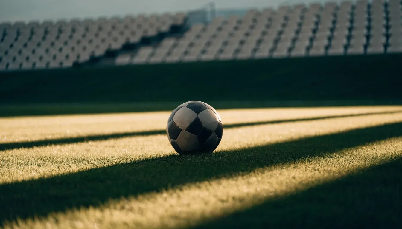 Ein Fußball liegt auf einem Rasen im Licht der tief stehenden Sonne, dahinter leere Sitzreihen.