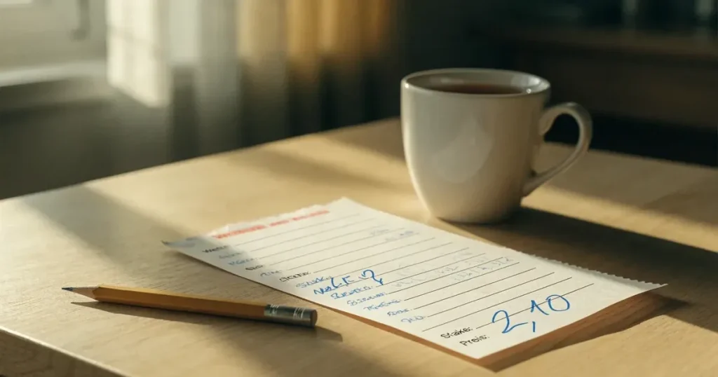 Ein Notizbuch mit handschriftlichen Notizen liegt neben einem Bleistift und einer Tasse Tee auf einem Schreibtisch am Fenster.