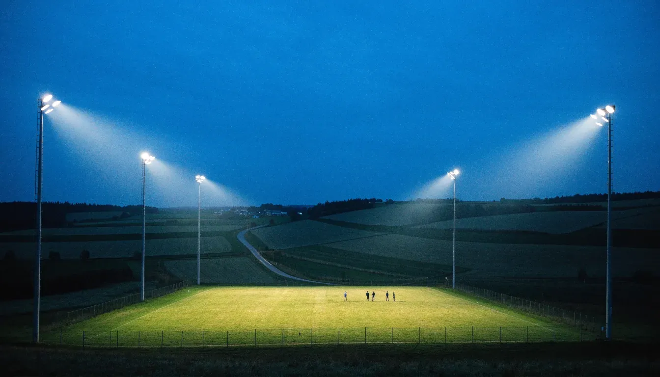 Ein Stadion unter Flutlicht aus der Ferne gesehen, davor eine dunkle Landschaft mit Feldern und einer Landstraße.