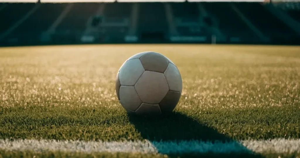 Ein Fußball liegt auf einem Rasenplatz im Morgenlicht, die Kreidelinie verläuft scharf durchs Bild, dahinter eine leere Tribüne.