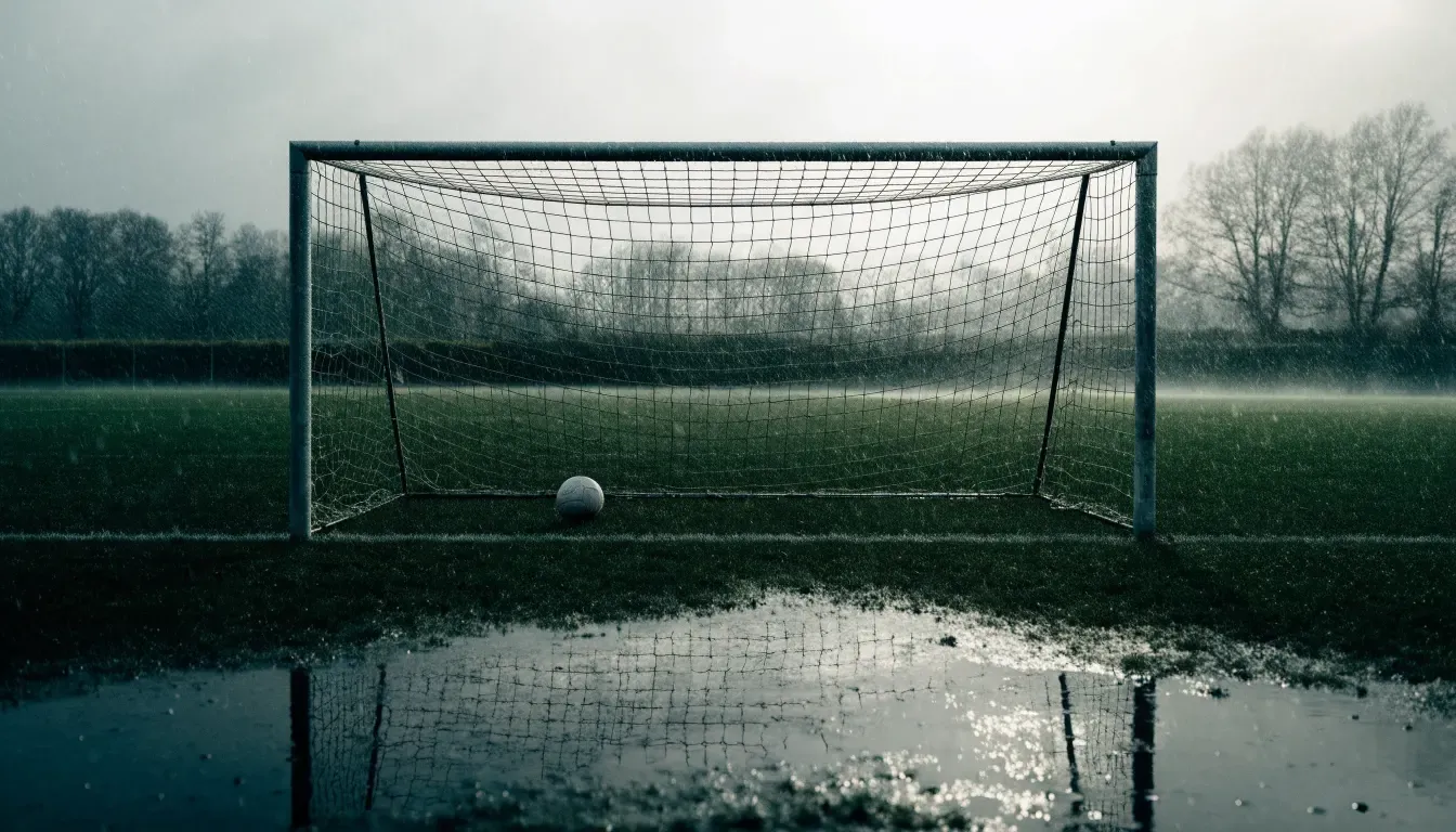 Ein Fußballtor mit Netz auf einem Trainingsplatz bei Regen, Pfützen stehen auf dem Rasen, niemand ist zu sehen.