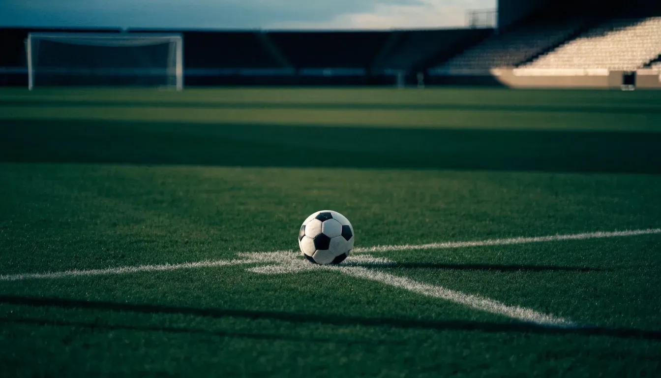 Ein Fußball liegt auf dem Elfmeterpunkt eines leeren Rasenplatzes im Abendlicht, dahinter eine ruhige Tribüne ohne Zuschauer.