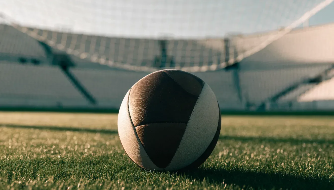 Ein Fußball liegt auf einem Rasenplatz im Morgenlicht, dahinter eine ruhige Tribüne ohne Zuschauer.