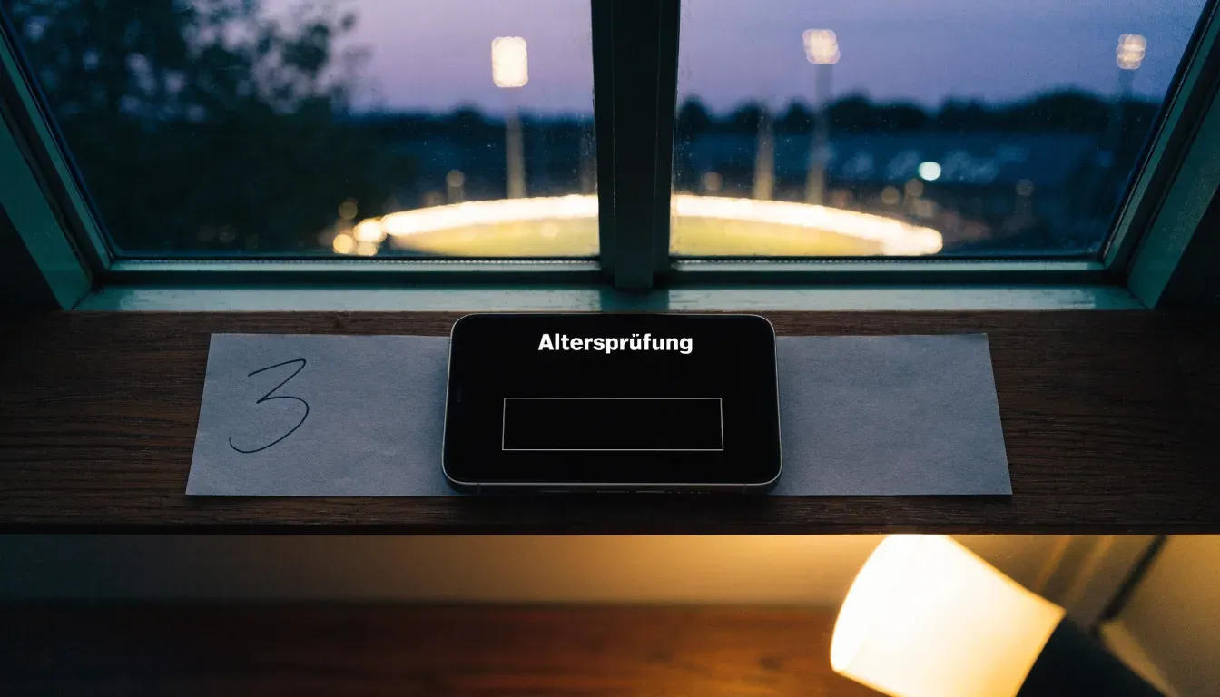 Ein Flutlichtstadion bei Dämmerung aus weiter Ferne gesehen, die Lichtmasten leuchten über Dächern und Bäumen.