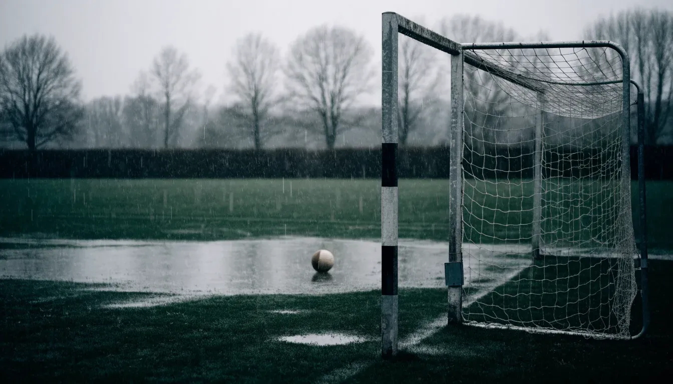 Ein Fußballtor mit Netz auf einem Trainingsplatz bei Regen, Pfützen stehen auf dem Rasen, niemand ist zu sehen.