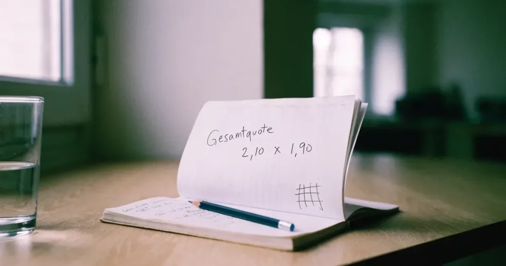 Ein Notizbuch mit handschriftlichen Notizen und kleinen Skizzen liegt aufgeschlagen neben einem Bleistift auf einem Schreibtisch am Fenster.