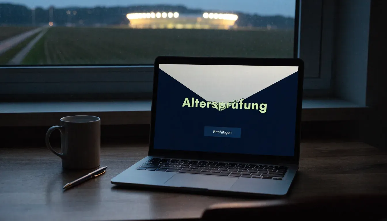 Ein Stadion unter Flutlicht aus der Ferne gesehen, davor eine dunkle Landschaft mit Feldern und einer Landstraße.